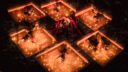 4K Ultra HD Anime wallpaper from Demon Slayer: Kimetsu no Yaiba - Hashira Training Arc, depicting characters training inside glowing square fire pits at night.