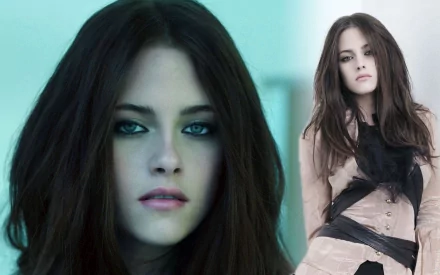HD desktop wallpaper featuring celebrity Kristen Stewart, showcasing two images of her with a pensive expression and long flowing hair against a soft background.