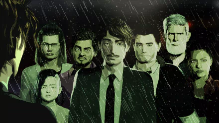 HD desktop wallpaper of the TV show Psi Cops featuring a group of characters standing in a dramatic rain-soaked scene.