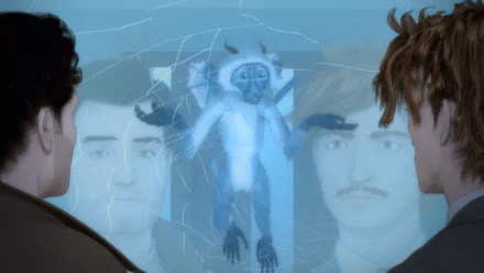 HD desktop wallpaper and background of the TV show Psi Cops, featuring two characters looking at a mysterious monkey-like figure behind a cracked glass or screen.