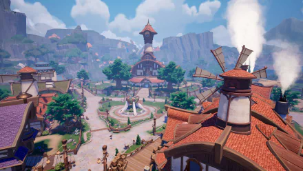 HD desktop wallpaper and background showcasing a scenic village from the video game Palia, featuring a central fountain, a clock tower, windmills, and lush greenery under a partly cloudy sky.