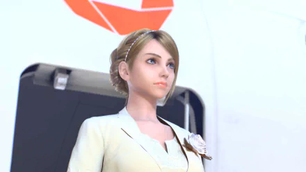 HD desktop wallpaper of a character from the video game Ace Combat 7: Skies Unknown, featuring a blonde woman in formal attire standing in front of an aircraft door with a logo in the background.