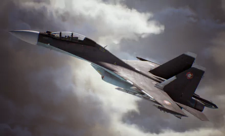 HD desktop wallpaper of Ace Combat 7: Skies Unknown featuring a jet fighter soaring through a dramatic, cloudy sky.