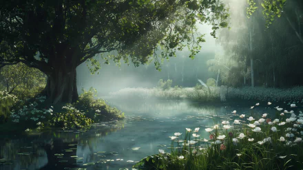 A serene pond surrounded by lush greenery and blooming flowers, with sunlight filtering through the trees. This high-definition wallpaper evokes a sense of calm and relaxation in a tranquil natural setting.