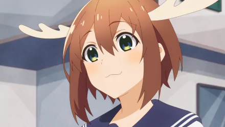 Anime-style HD desktop wallpaper featuring Noko Shikanoko from My Deer Friend Nokotan with short brown hair and antlers, set in a softly lit indoor background.