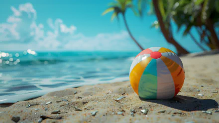 HD desktop wallpaper featuring a colorful beach ball resting on sandy shores with a serene ocean and palm trees in the background.