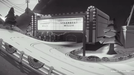 HD desktop wallpaper and background from the video game Disney Speedstorm, featuring a black-and-white scene of a winding road and drive-in theater showing Steamboat Willie.