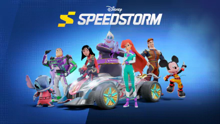 HD desktop wallpaper featuring characters from the video game Disney Speedstorm, including Buzz Lightyear, Mulan, Ursula, Ariel, Hercules, Stitch, Mickey Mouse, and others, standing around a futuristic car.