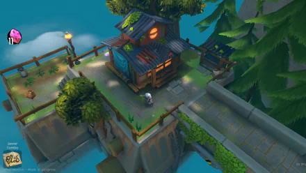 HD desktop wallpaper of the video game DROS, featuring a quaint house on a floating island surrounded by lush greenery and an adventurous character exploring the area.