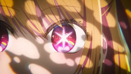 Close-up anime HD wallpaper of Ruby Hoshino from Oshi no Ko, highlighting her vibrant eyes with star-like reflections and soft shadows on her face.