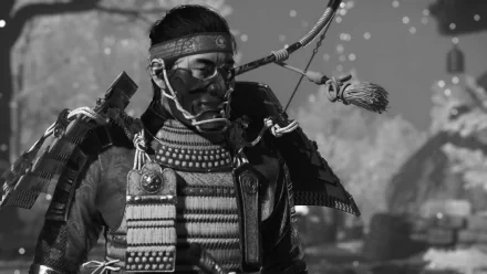 HD desktop wallpaper featuring a character from the video game Ghost of Tsushima, depicted in traditional samurai armor with a bow, set against a visually striking background.