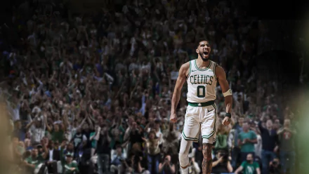 Jayson Tatum in Boston Celtics uniform, captured in a dynamic moment, set against a packed arena crowd in this 4K Ultra HD NBA 2K25 PC desktop wallpaper.