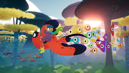 HD desktop wallpaper featuring vibrant artwork from the video game Flock, showing a character riding a large, colorful bird through a whimsical forest with a flock of smaller birds in the background.