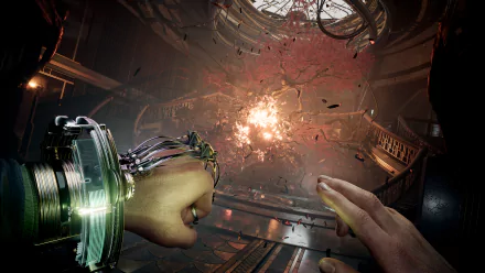 HD desktop wallpaper of the video game Nobody Wants to Die, featuring a futuristic fist and hand in the foreground, with an explosion occurring in an ornate room with a twisted tree.