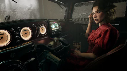 HD desktop wallpaper and background from the video game Nobody Wants to Die, depicting a woman in a red dress sitting in a vintage car's cockpit, holding a photo, with a foggy background outside.