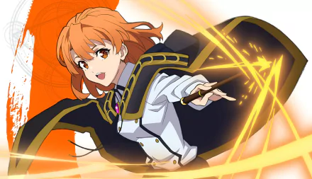 4K Ultra HD anime wallpaper featuring Colette Loire from Wistoria: Wand and Sword wielding magic with vibrant orange energy swirls.