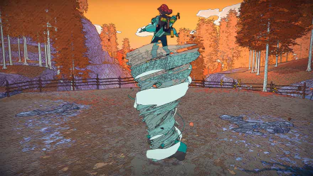 HD desktop wallpaper of the video game Dungeons of Hinterberg, featuring a character standing atop a swirling stone column in a vibrant autumn forest setting.