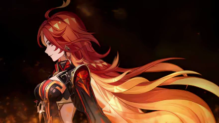 A stunning HD desktop wallpaper and background featuring the character Mavuika from Genshin Impact, showcasing detailed artwork with vibrant colors and a dynamic pose against a dark backdrop.