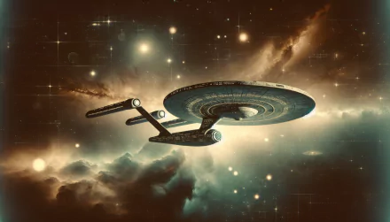 HD desktop wallpaper featuring the Starship Enterprise from Star Trek, soaring through a vivid cosmic background filled with stars and nebulae.