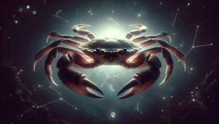 HD desktop wallpaper featuring a detailed crab with the Cancer astrological sign, set against a starry background with constellations.