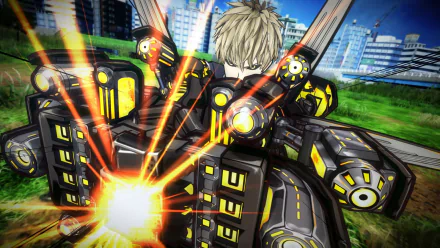 HD desktop wallpaper showcasing Genos from One-Punch Man: A Hero Nobody Knows, equipped with advanced weaponry, set against a vibrant cityscape backdrop.