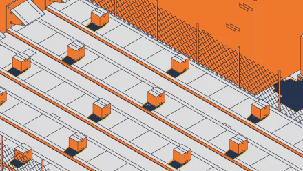 HD desktop wallpaper featuring a minimalist isometric illustration from the video game SCHiM, showcasing an orange and white urban environment with geometric patterns and shadows.