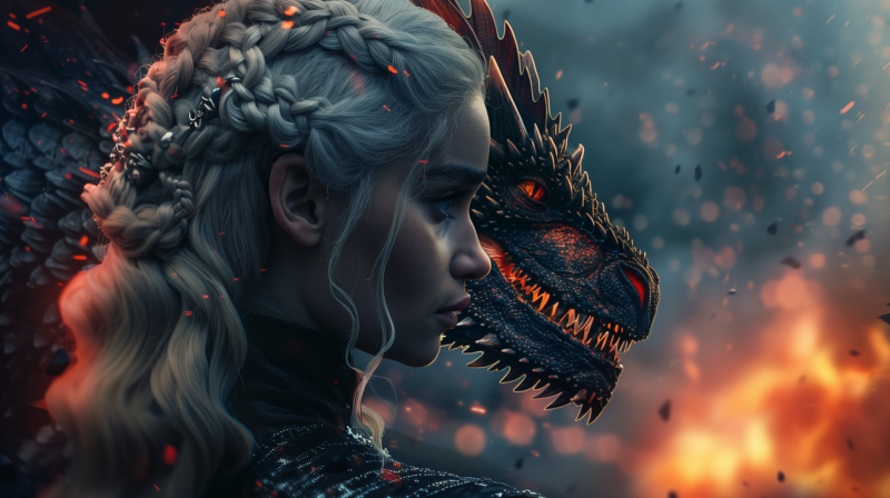 {{ HD desktop wallpaper featuring Daenerys Targaryen, portrayed by Emilia Clarke from Game of Thrones, standing beside a dragon with a fiery background. 