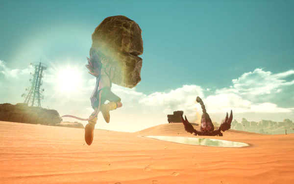HD desktop wallpaper of a scene from a video game titled 'Sand Land,' featuring a character running through a desert with red sand under a bright blue sky, creating a dramatic and adventurous ambiance.
