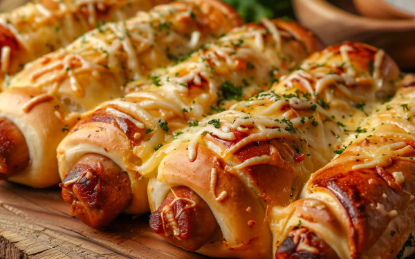 HD wallpaper featuring a close-up of freshly baked pigs in a blanket topped with cheese and herbs on a wooden board.