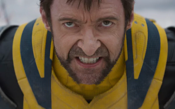 HD wallpaper featuring Hugh Jackman as Wolverine, intensely staring into the camera, wearing his iconic yellow X-Men suit; a perfect background for fans of the Deadpool & Wolverine movies.