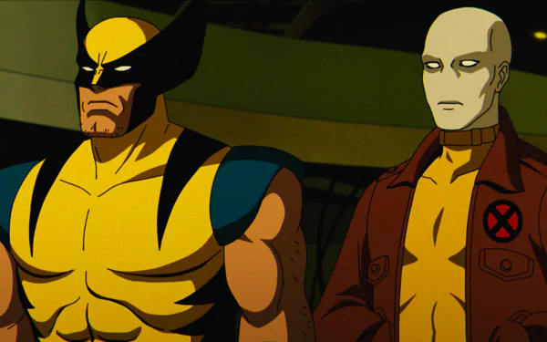HD desktop wallpaper from the TV show X-Men '97 featuring Wolverine in his classic costume standing next to a bald man in a brown jacket with an X-Men logo.