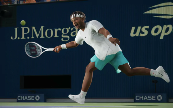 HD desktop wallpaper of a player in action at a US Open virtual tennis match from the video game TopSpin 2K25.