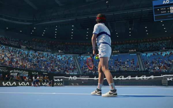 HD desktop wallpaper from the video game TopSpin 2K25, featuring a tennis player on the court, viewed from behind, in a crowded stadium.