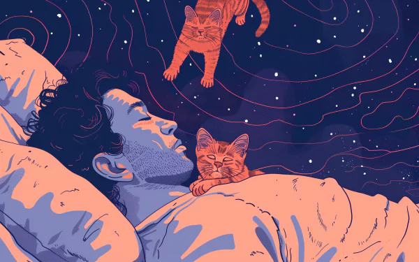 HD desktop wallpaper depicting a man sleeping peacefully with two cats, set against a stylized cosmic background.