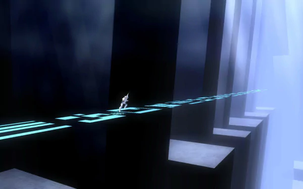 HD desktop wallpaper featuring a scene from El Shaddai: Ascension of the Metatron, with a character navigating mystical platforms in a surreal, dark environment.