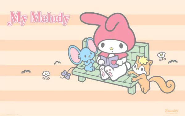 HD desktop wallpaper from Onegai My Melody featuring My Melody sitting on a bench with her cute animal friends, set against a striped pink background.
