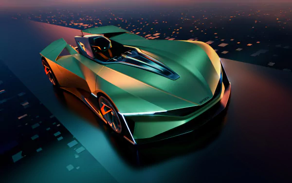 HD wallpaper of a Škoda Vision GT concept car in a dynamic green hue, dramatically illuminated over a cityscape at twilight.