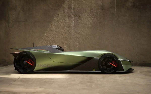 HD desktop wallpaper of a Škoda Vision GT, a sleek green sports car with futuristic design, parked in a minimalist setting.