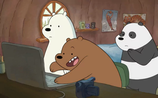 HD wallpaper from We Bare Bears showing the three bear brothers using a laptop inside their wooden cave.