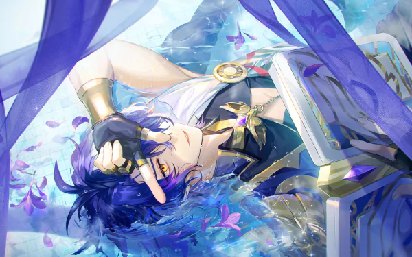 HD PC desktop wallpaper featuring Dr. Ratio from Honkai: Star Rail, showcasing him lying among purple petals with a serene, ethereal background.