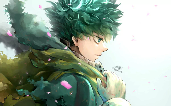 HD wallpaper featuring Izuku Midoriya (Dark Deku) from My Hero Academia, portrayed with vibrant, swirling colors and a thoughtful expression.