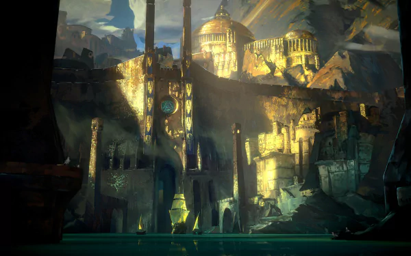 HD desktop wallpaper from the video game No Rest for the Wicked, featuring a mystical underwater city with illuminated buildings and a grand dome.