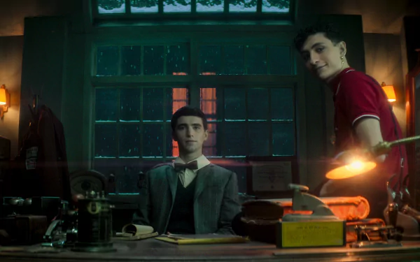HD desktop wallpaper featuring two young male characters from the TV show Dead Boy Detectives in a dimly lit, vintage-style office.