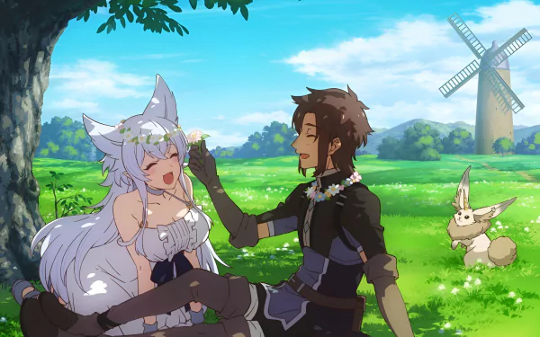 Anime HD desktop wallpaper featuring Fenrys and Flio from Chillin' in Another World with Level 2 Super Cheat Powers relaxing in a sunny meadow with a windmill and rabbit nearby.