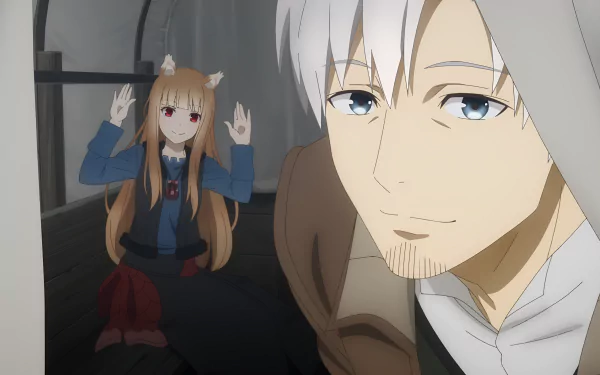 Spice and Wolf anime 4K Ultra HD PC desktop wallpaper: close-up of Kraft Lawrence smiling in foreground with Holo (wolf-eared) waving playfully in the dim carriage interior.