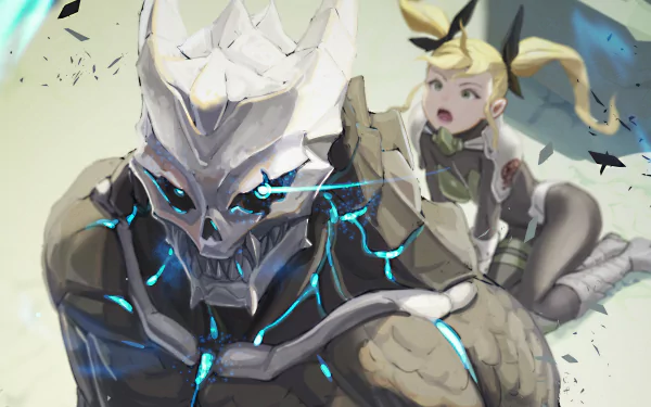 HD desktop wallpaper from Kaiju No. 8 featuring Kafka Hibino in his kaiju form and Kikoru Shinomiya in a combat scene.