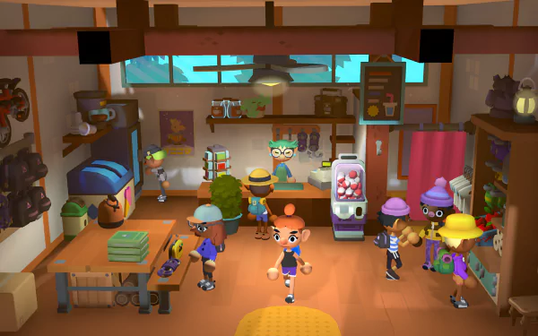 HD desktop wallpaper from the video game Surmount featuring animated characters in a vibrant, busy kitchen setting.