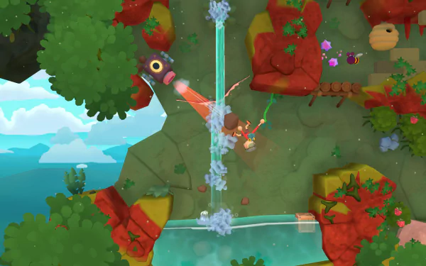 HD desktop wallpaper from the video game Surmount featuring a character grappling across a colorful rocky landscape with lush trees and a waterfall.