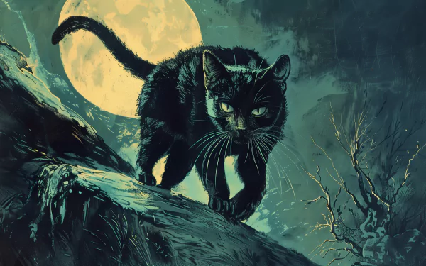 HD wallpaper featuring a black cat walking on a tree branch under a large yellow moon in a mystical, eerie night setting.