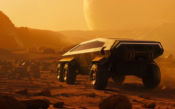 HD wallpaper of a Tesla Cybertruck on a Mars-like terrain with a large planet in the orange sky background.